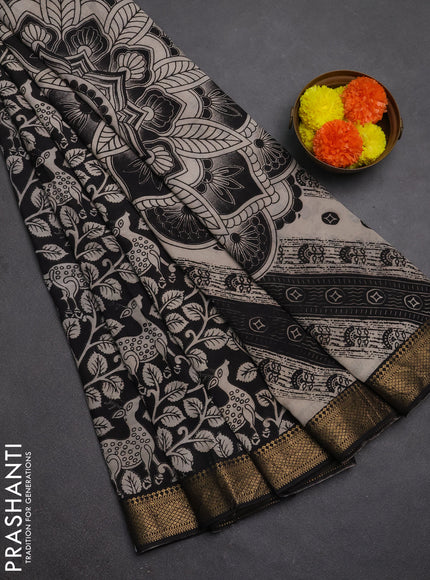 Kalamkari semi silk saree black with allover prints and mangalgiri border