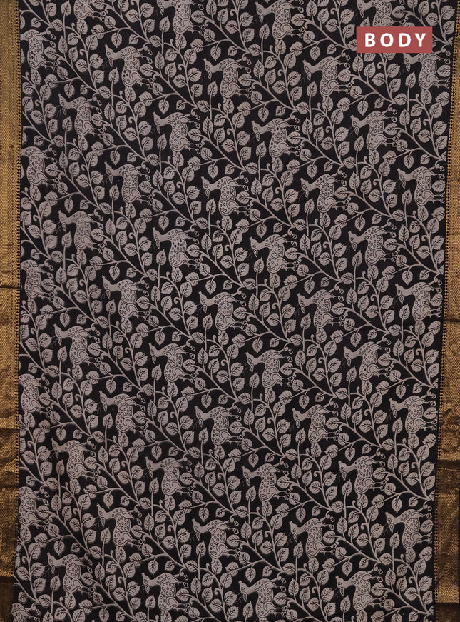 Kalamkari semi silk saree black with allover prints and mangalgiri border