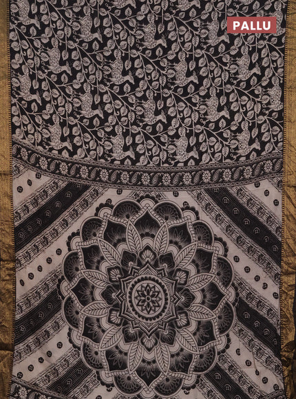 Kalamkari semi silk saree black with allover prints and mangalgiri border