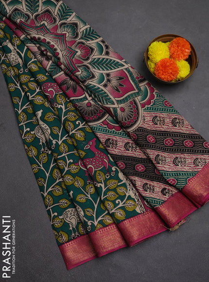 Kalamkari semi silk saree green and pink with allover prints and mangalgiri border