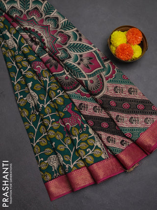 Kalamkari semi silk saree green and pink with allover prints and mangalgiri border