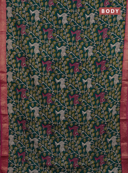 Kalamkari semi silk saree green and pink with allover prints and mangalgiri border