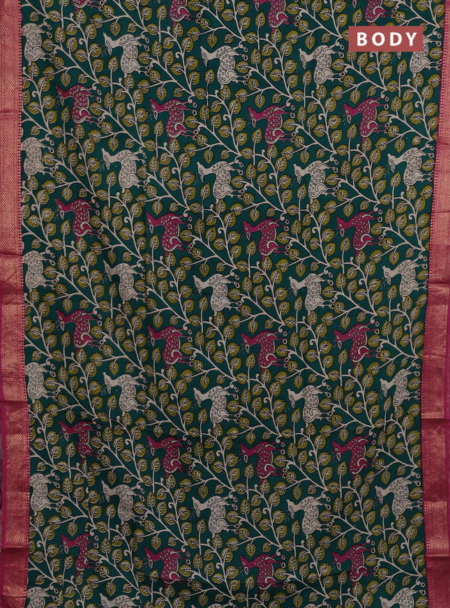 Kalamkari semi silk saree green and pink with allover prints and mangalgiri border