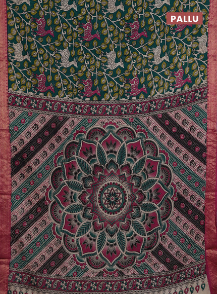 Kalamkari semi silk saree green and pink with allover prints and mangalgiri border