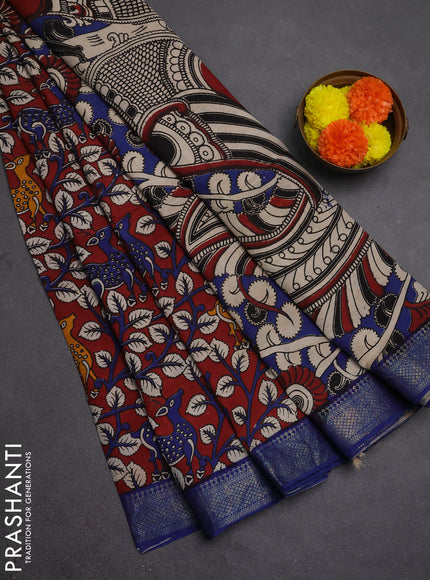Kalamkari semi silk saree maroon and blue with allover prints and mangalgiri border