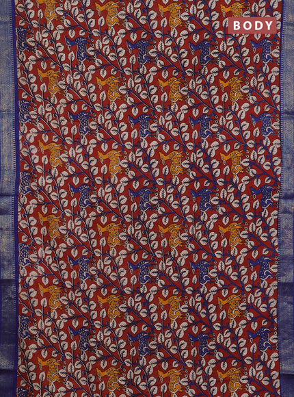 Kalamkari semi silk saree maroon and blue with allover prints and mangalgiri border