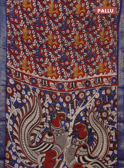 Kalamkari semi silk saree maroon and blue with allover prints and mangalgiri border