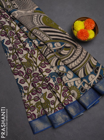 Kalamkari semi silk saree beige and blue with allover prints and mangalgiri border