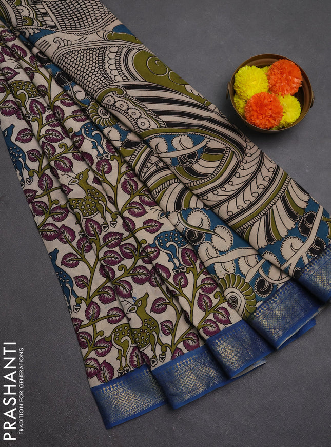Kalamkari semi silk saree beige and blue with allover prints and mangalgiri border