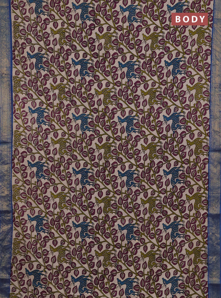 Kalamkari semi silk saree beige and blue with allover prints and mangalgiri border