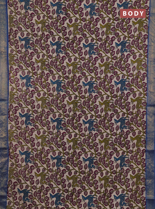 Kalamkari semi silk saree beige and blue with allover prints and mangalgiri border