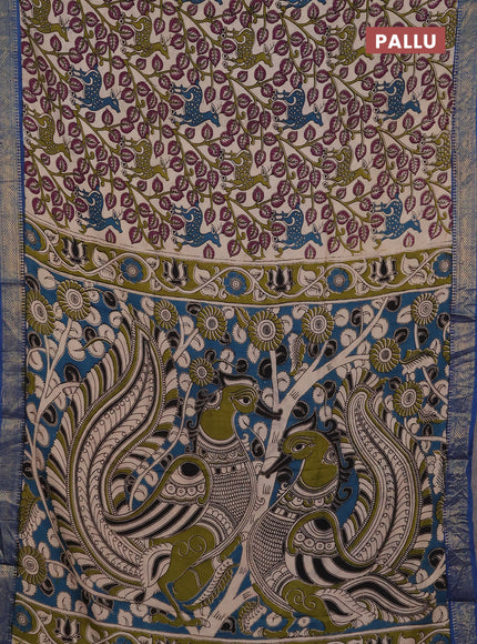 Kalamkari semi silk saree beige and blue with allover prints and mangalgiri border