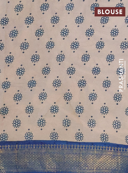 Kalamkari semi silk saree beige and blue with allover prints and mangalgiri border