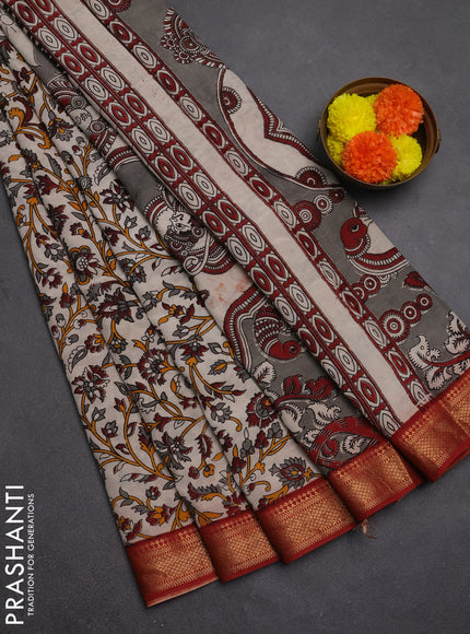 Kalamkari semi silk saree beige and rust shade with allover prints and mangalgiri border