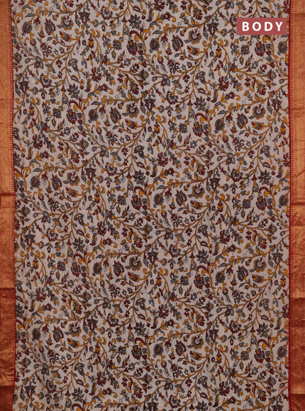 Kalamkari semi silk saree beige and rust shade with allover prints and mangalgiri border