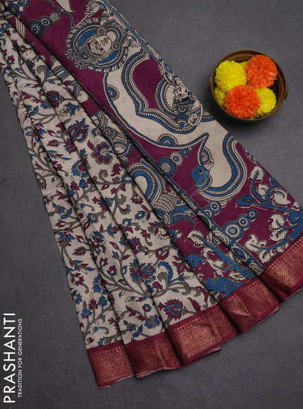 Kalamkari semi silk saree beige and wine shade with allover prints and mangalgiri border