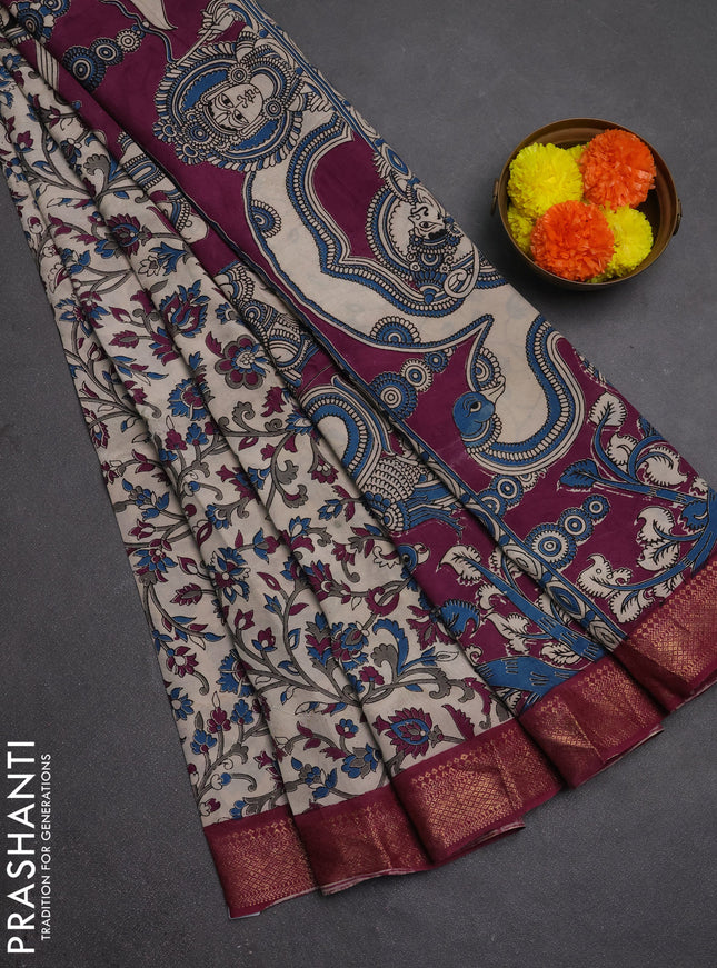 Kalamkari semi silk saree beige and wine shade with allover prints and mangalgiri border