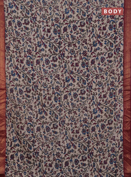 Kalamkari semi silk saree beige and wine shade with allover prints and mangalgiri border
