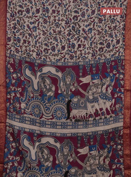 Kalamkari semi silk saree beige and wine shade with allover prints and mangalgiri border