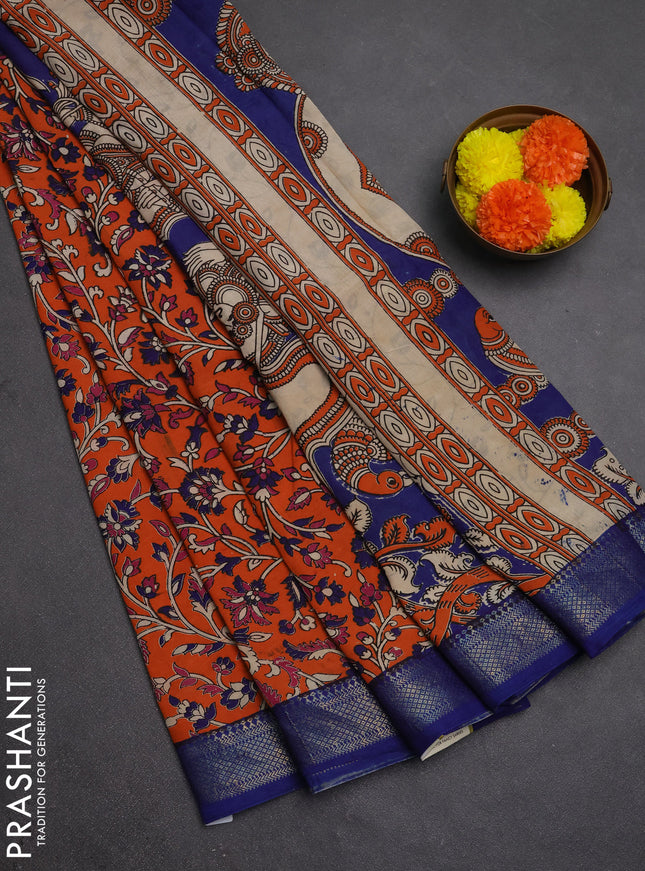Kalamkari semi silk saree orange and blue with allover prints and mangalgiri border