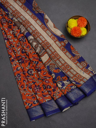Kalamkari semi silk saree orange and blue with allover prints and mangalgiri border