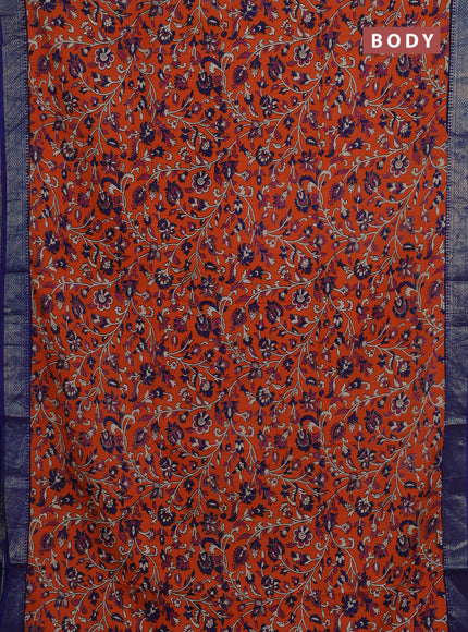Kalamkari semi silk saree orange and blue with allover prints and mangalgiri border