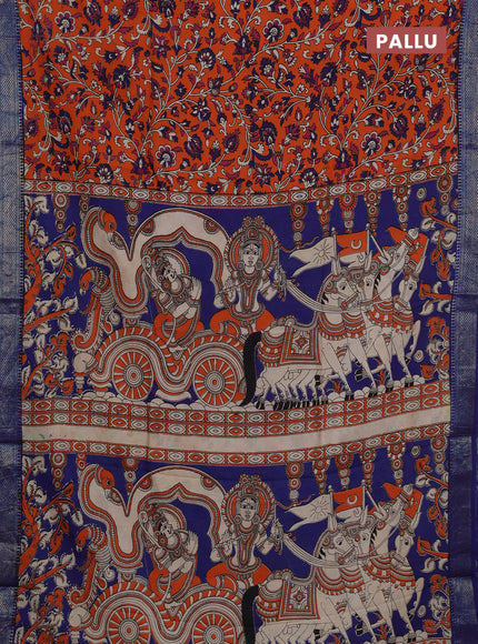 Kalamkari semi silk saree orange and blue with allover prints and mangalgiri border