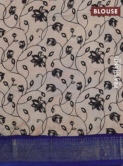Kalamkari semi silk saree orange and blue with allover prints and mangalgiri border