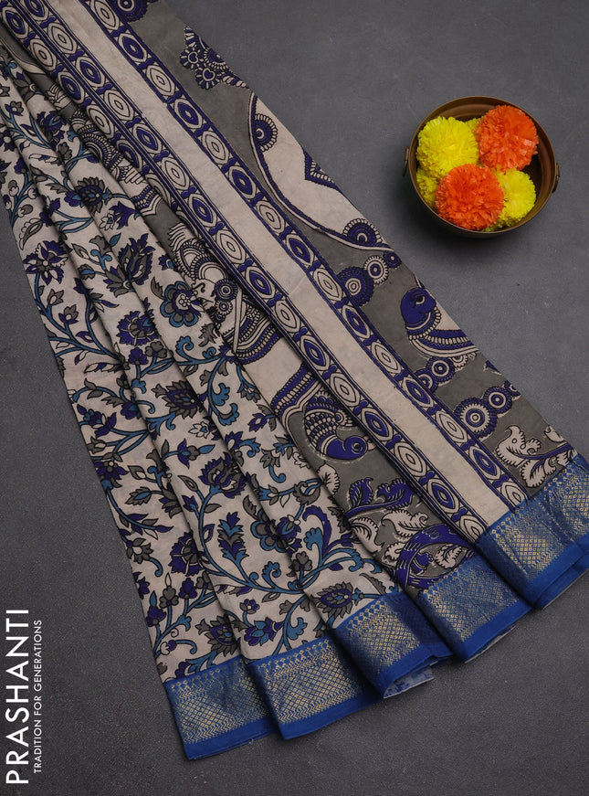 Kalamkari semi silk saree beige and blue with allover prints and mangalgiri border