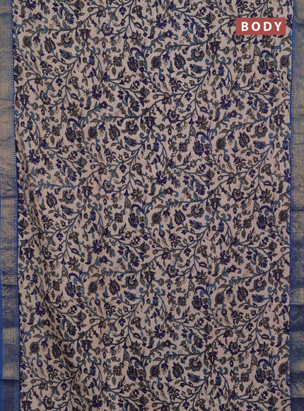 Kalamkari semi silk saree beige and blue with allover prints and mangalgiri border