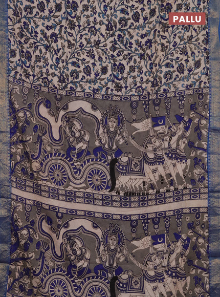 Kalamkari semi silk saree beige and blue with allover prints and mangalgiri border