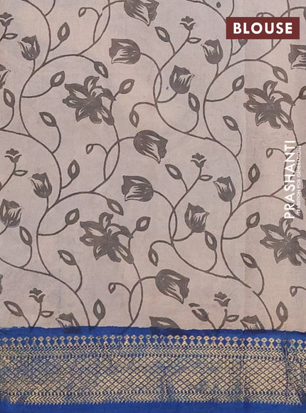 Kalamkari semi silk saree beige and blue with allover prints and mangalgiri border