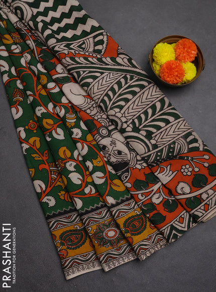 Kalamkari semi silk saree bottle green and mustard yellow with allover prints and printed border