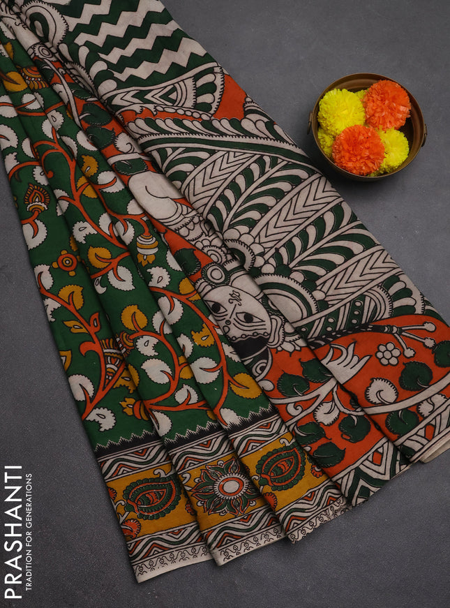 Kalamkari semi silk saree bottle green and mustard yellow with allover prints and printed border