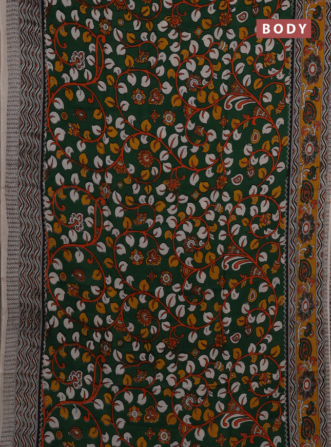 Kalamkari semi silk saree bottle green and mustard yellow with allover prints and printed border