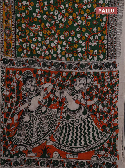 Kalamkari semi silk saree bottle green and mustard yellow with allover prints and printed border