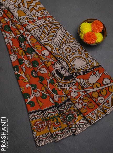 Kalamkari semi silk saree orange and yellow with allover prints and printed border