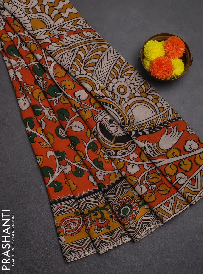 Kalamkari semi silk saree orange and yellow with allover prints and printed border