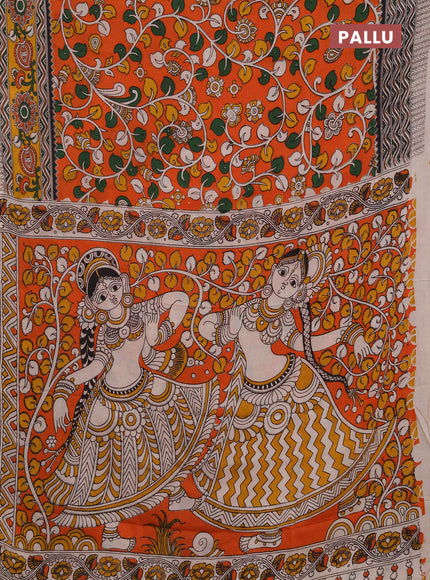 Kalamkari semi silk saree orange and yellow with allover prints and printed border