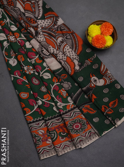 Kalamkari semi silk saree bottle green and orange with allover prints and printed border