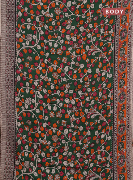 Kalamkari semi silk saree bottle green and orange with allover prints and printed border