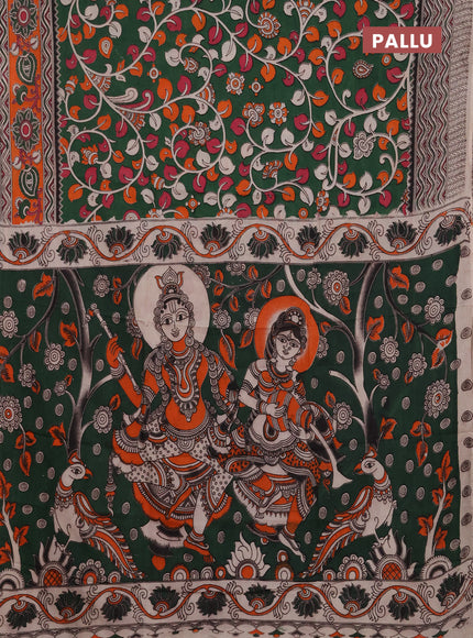 Kalamkari semi silk saree bottle green and orange with allover prints and printed border