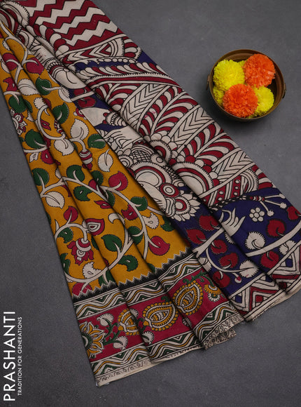 Kalamkari semi silk saree mustard yellow and magenta pink with allover prints and printed border