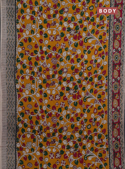 Kalamkari semi silk saree mustard yellow and magenta pink with allover prints and printed border