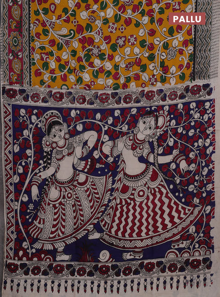 Kalamkari semi silk saree mustard yellow and magenta pink with allover prints and printed border
