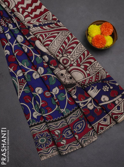 Kalamkari semi silk saree blue and magenta pink with allover prints and printed border