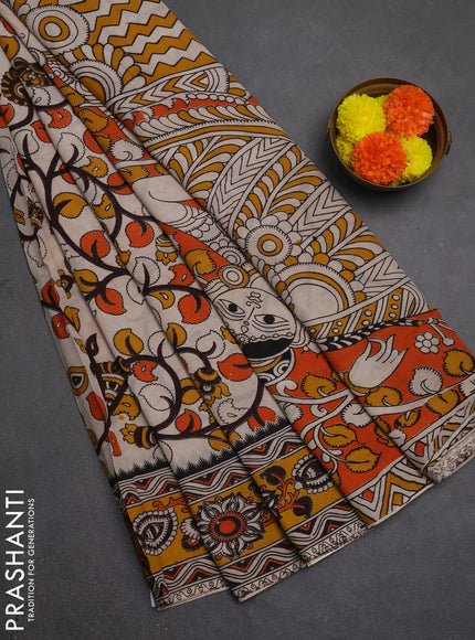 Kalamkari semi silk saree beige brown and mustard yellow with allover prints and printed border