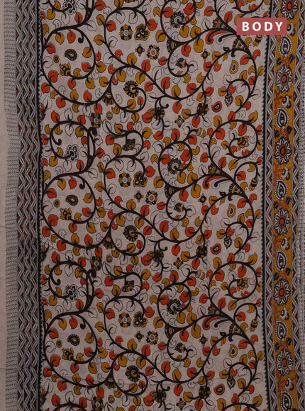 Kalamkari semi silk saree beige brown and mustard yellow with allover prints and printed border