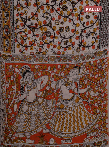 Kalamkari semi silk saree beige brown and mustard yellow with allover prints and printed border
