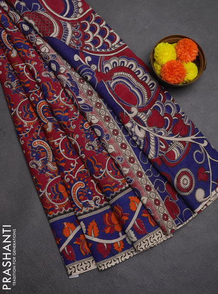 Kalamkari semi silk saree magenta pink and blue with allover prints and printed border